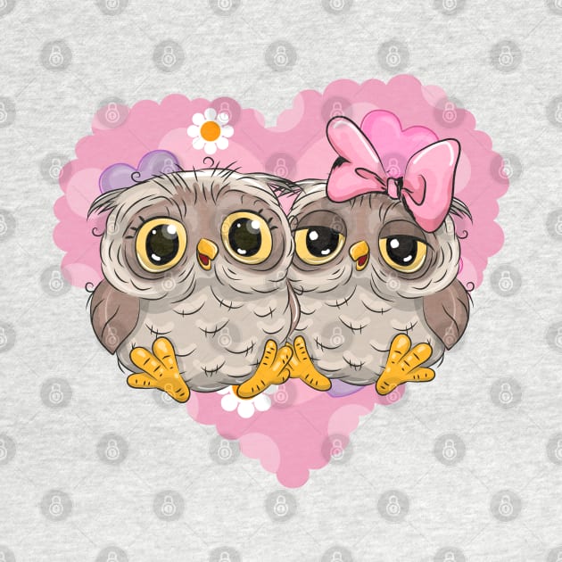 Two cute lovesick owls and a pink heart on the background by Reginast777